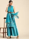 Sangria Women Blue & Golden Ethnic Motifs Printed Kurta with Sharara & Dupatta | Grocsy