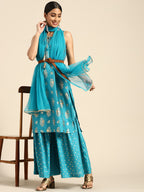 Sangria Women Blue & Golden Ethnic Motifs Printed Kurta with Sharara & Dupatta | Grocsy