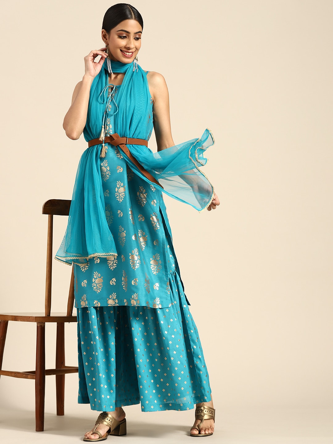 Sangria Women Blue & Golden Ethnic Motifs Printed Kurta with Sharara & Dupatta | Grocsy