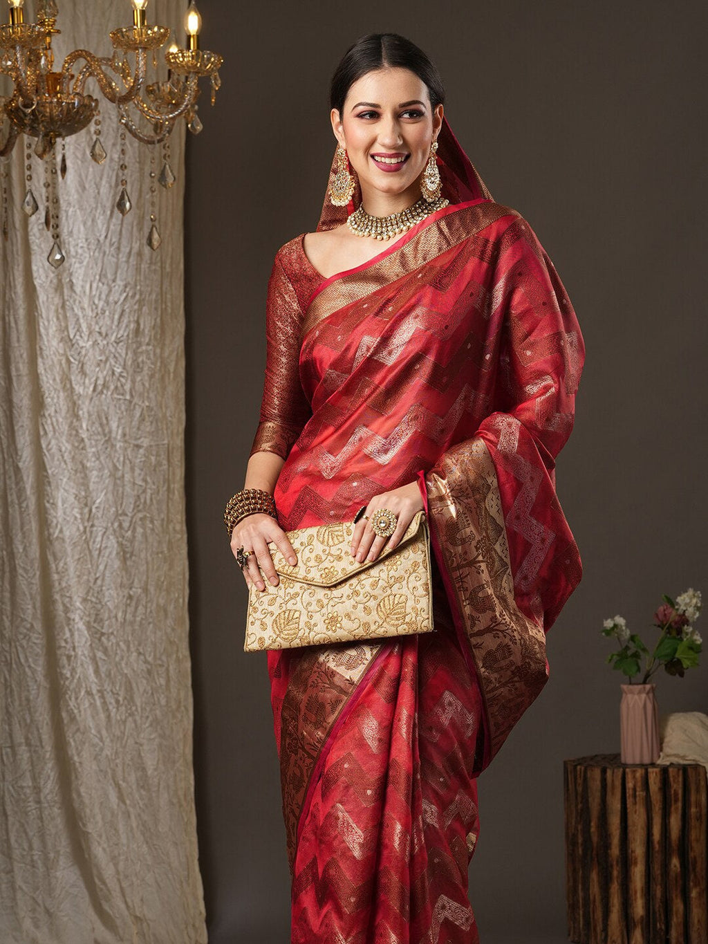 Saree Mall Pink & Gold-Toned Woven Design Zari Silk Blend Bagru Sarees | Grocsy