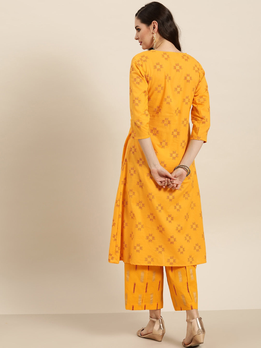 Sangria Women Mustard Yellow & Red Pure Cotton Printed Kurta with Palazzos | Grocsy