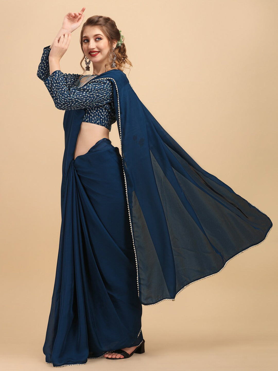 Sangria Satin Saree With Beads & Stones Embellished Border | Grocsy