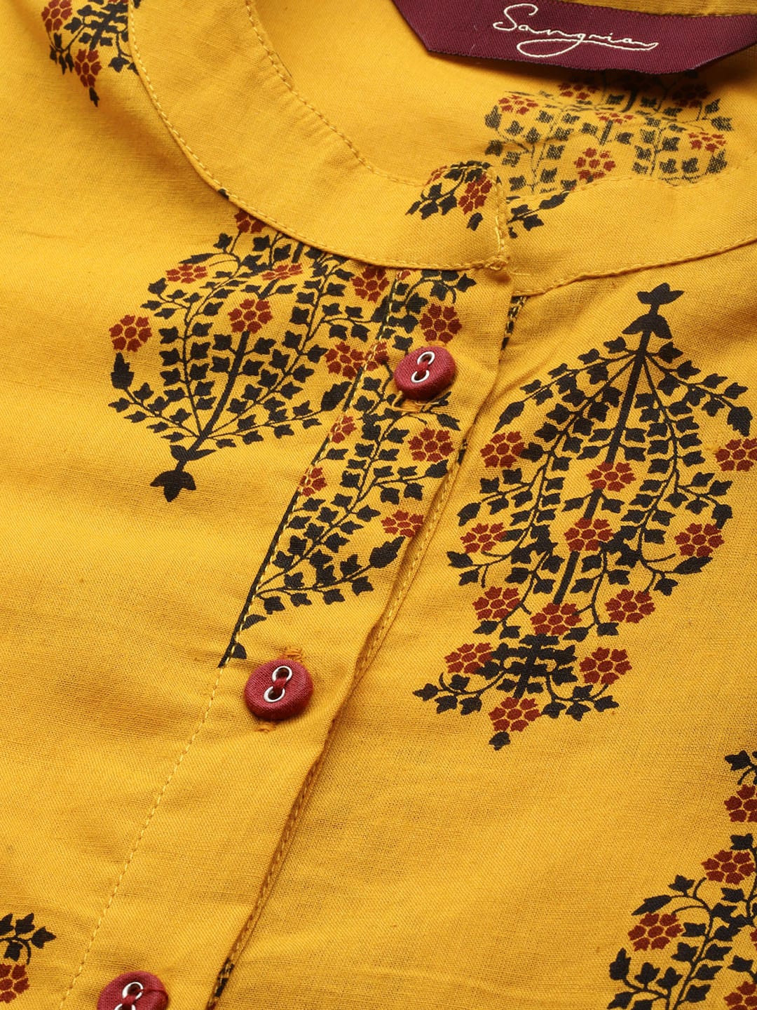 Sangria Women Mustard Yellow & Black Ethnic Motif Printed Kurta with Trousers | Grocsy