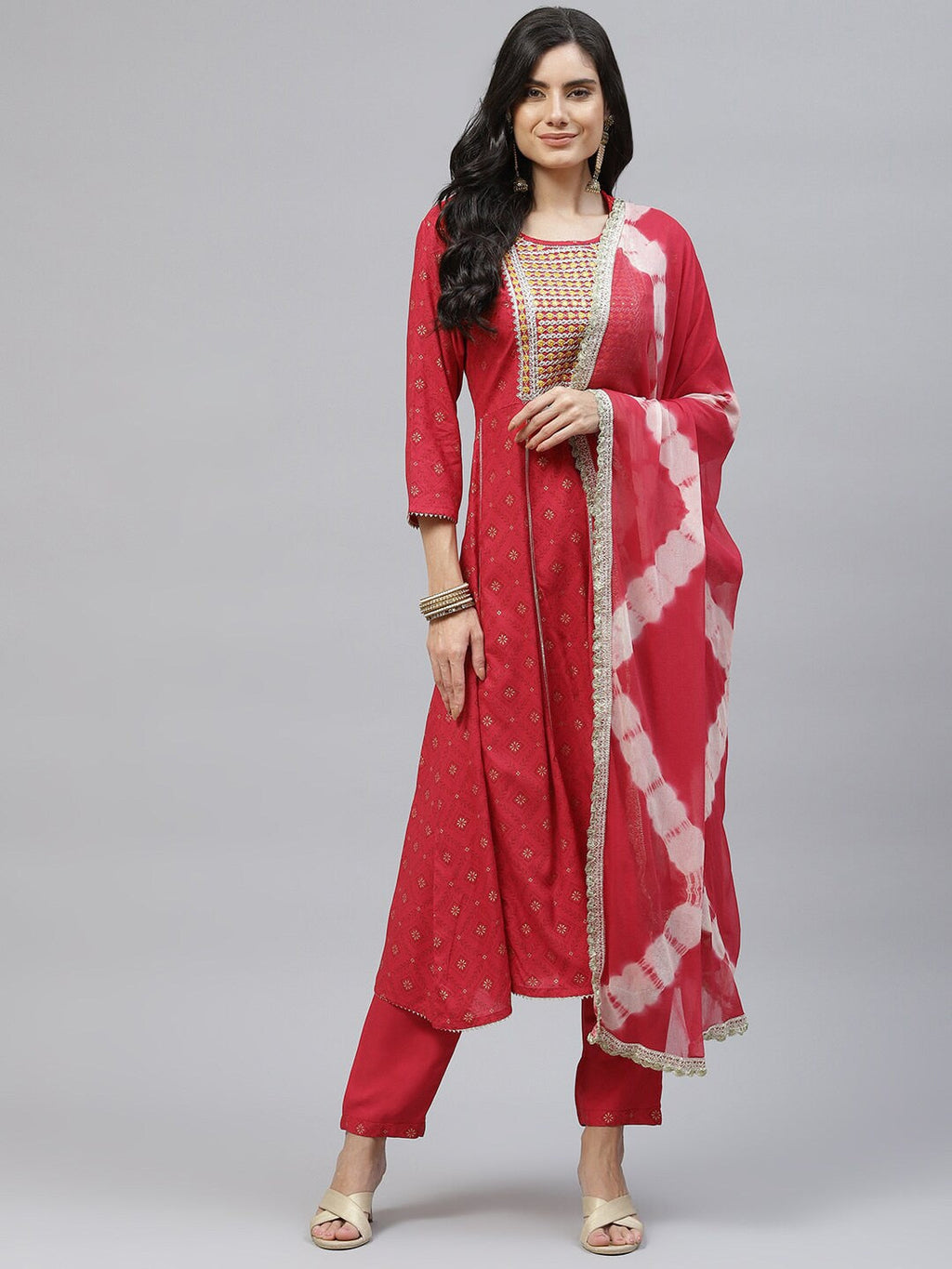HERE&NOW Women Red Floral Printed Panelled Thread Work Kurta with Trouser & Dupatta | Grocsy