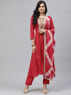 HERE&NOW Women Red Floral Printed Panelled Thread Work Kurta with Trouser & Dupatta | Grocsy