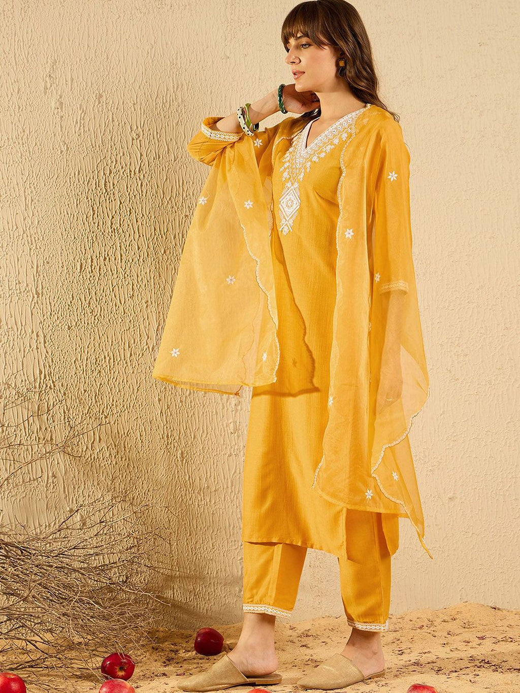 Indo Era Floral Yoke Design V-Neck Straight Kurta With Trousers & Dupatta | Grocsy