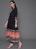 Aks Ethnic Motifs Printed Round Neck Tiered Anarkali Kurta | Grocsy