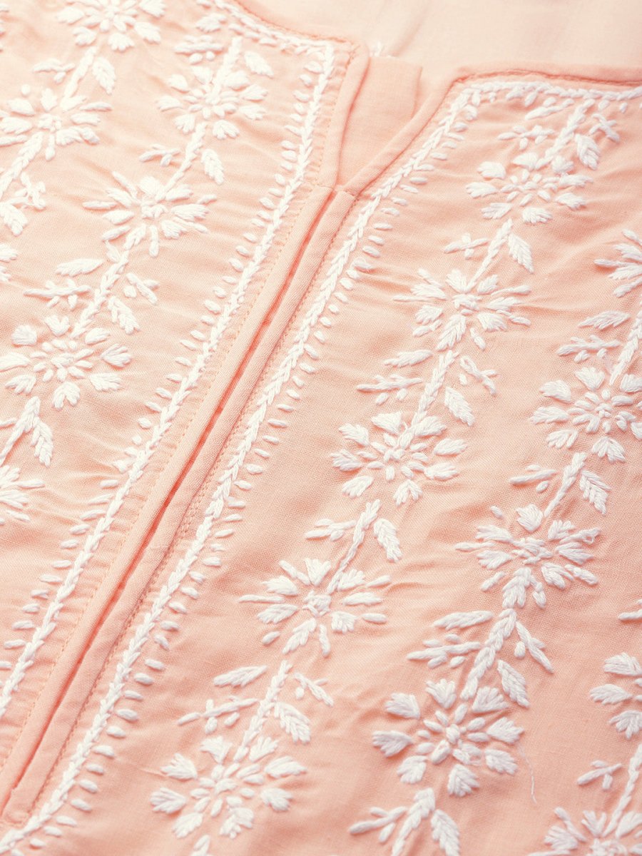 ADA Women Peach-Coloured & White Chikankari Embroidered Cotton Straight Sustainable Kurta | Grocsy