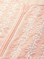 ADA Women Peach-Coloured & White Chikankari Embroidered Cotton Straight Sustainable Kurta | Grocsy