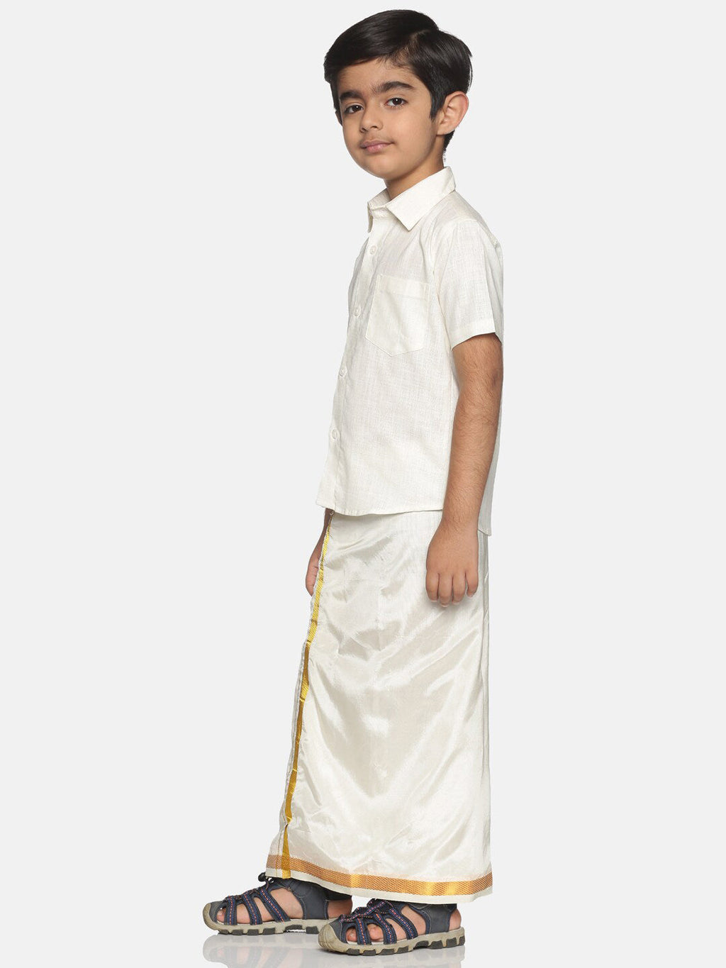 Sethukrishna Boys Cream-Coloured Solid Shirt with Veshti Set | Grocsy