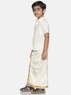 Sethukrishna Boys Cream-Coloured Solid Shirt with Veshti Set | Grocsy