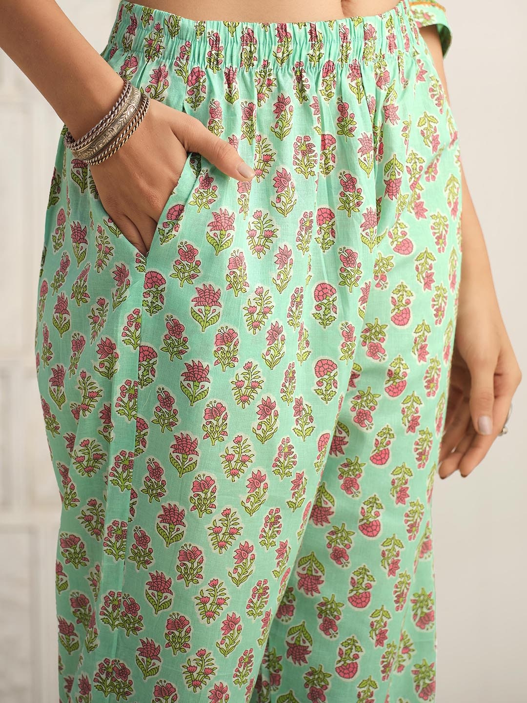 Sangria Floral Printed Gotta Patti Pure Cotton Kurta With Trouser & Dupatta | Grocsy