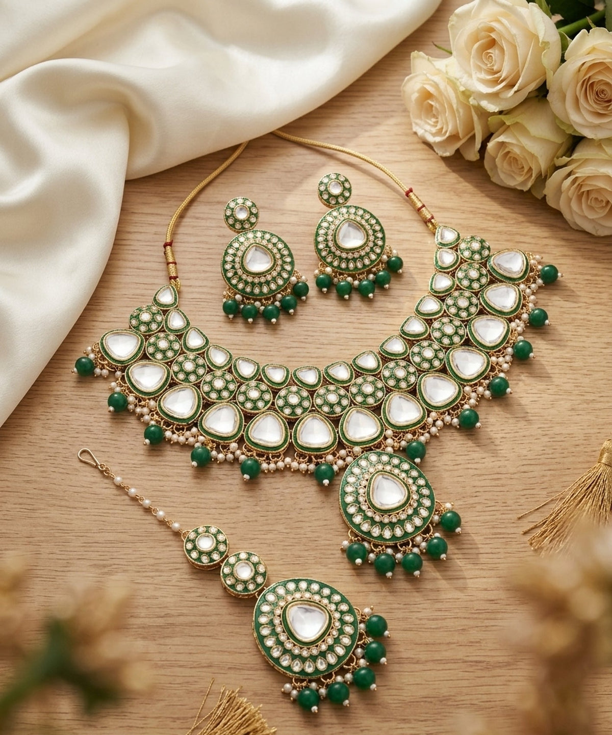 Jewel City Handcrafted Kundan Choker Necklace Set | Gold Plated | Emerald Green | Wedding & Festival Jewelry | Grocsy