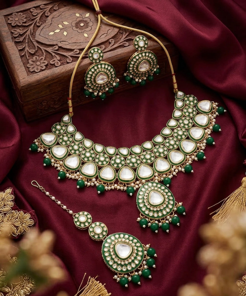 Jewel City Handcrafted Kundan Choker Necklace Set | Gold Plated | Emerald Green | Wedding & Festival Jewelry | Grocsy