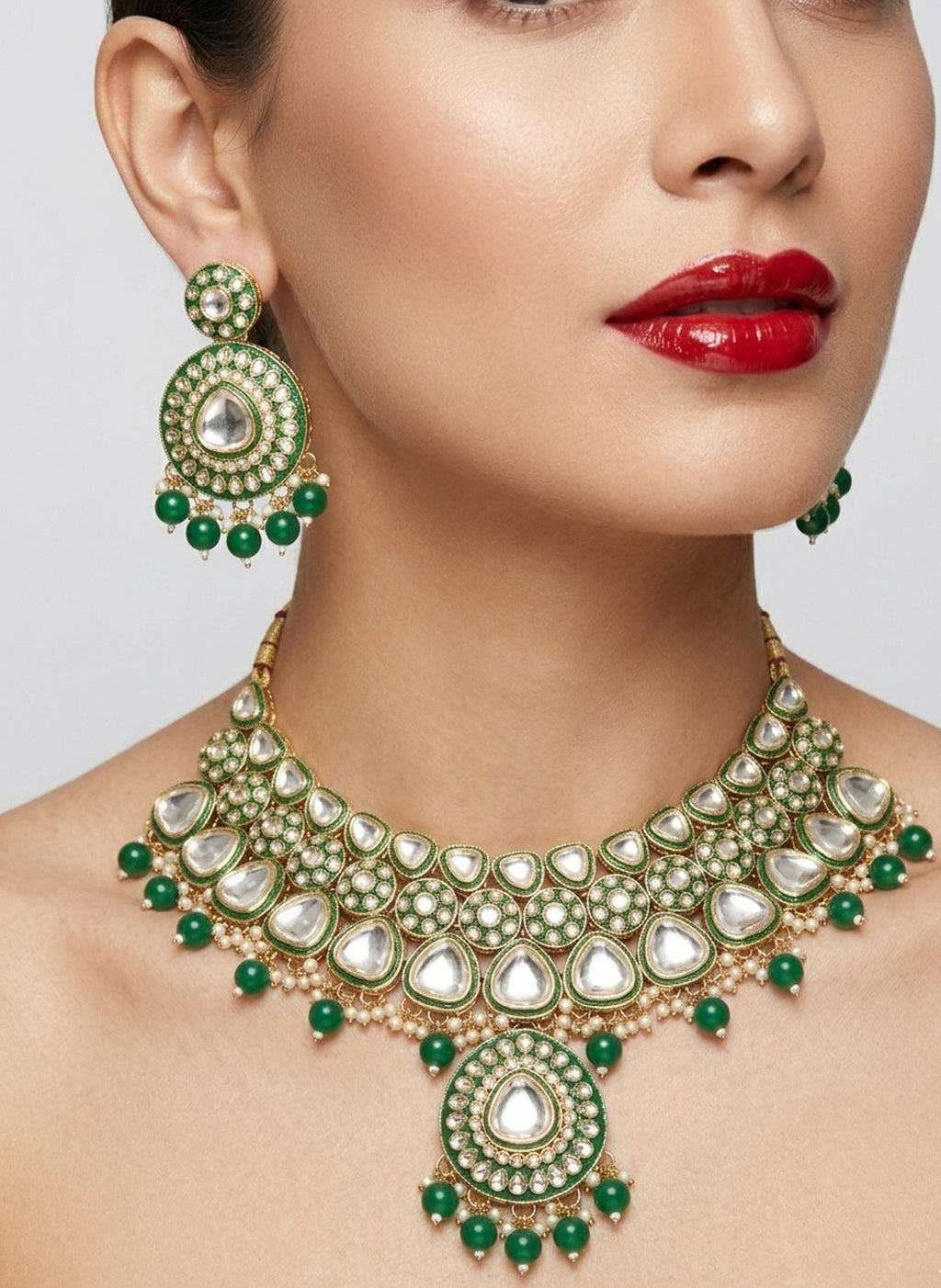 Jewel City Handcrafted Kundan Choker Necklace Set | Gold Plated | Emerald Green | Wedding & Festival Jewelry | Grocsy
