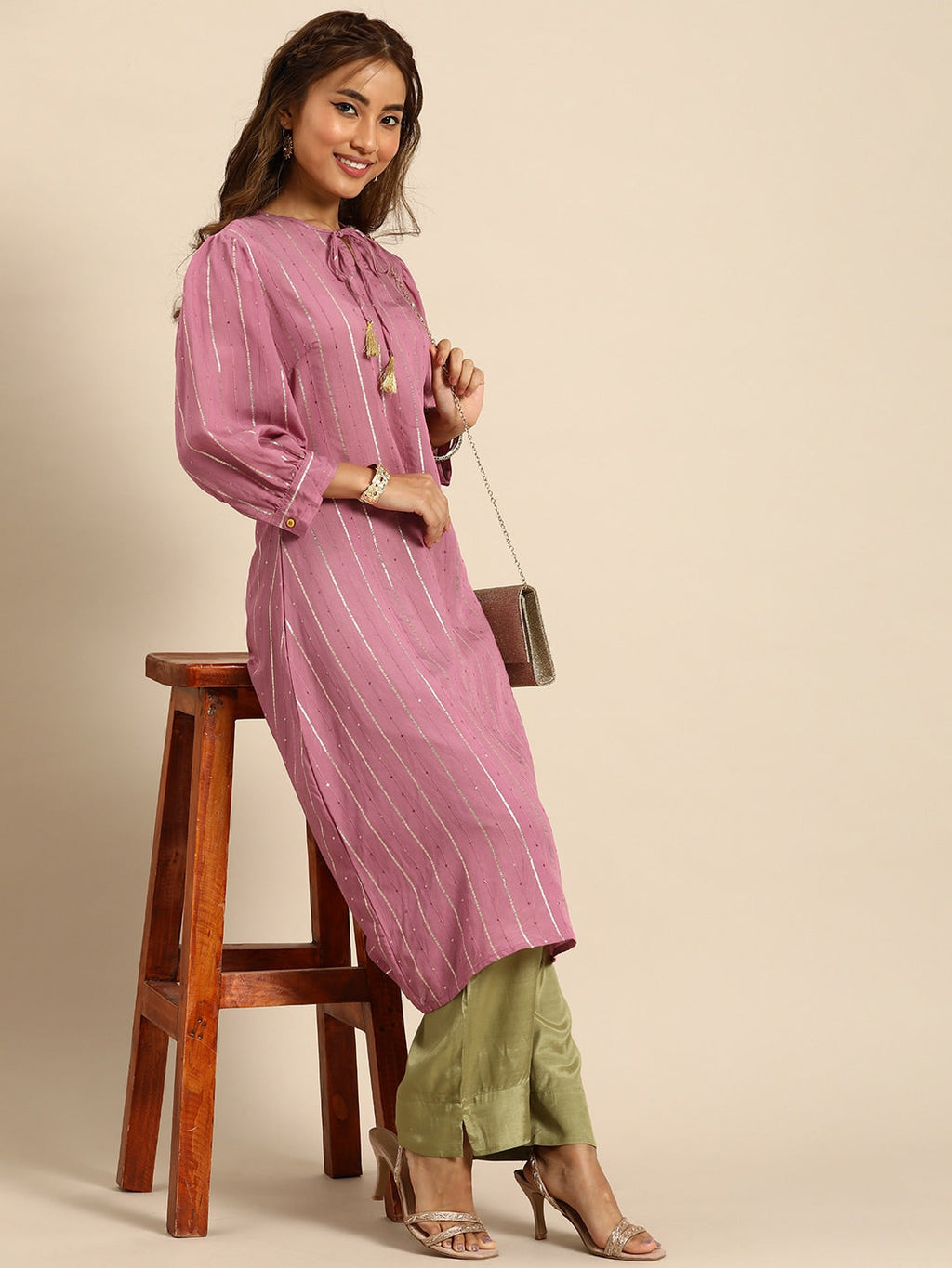 Sangria Women Tie-Up Neck Jacquard Sequinned Chanderi Silk Kurta | Grocsy