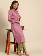 Sangria Women Tie-Up Neck Jacquard Sequinned Chanderi Silk Kurta | Grocsy