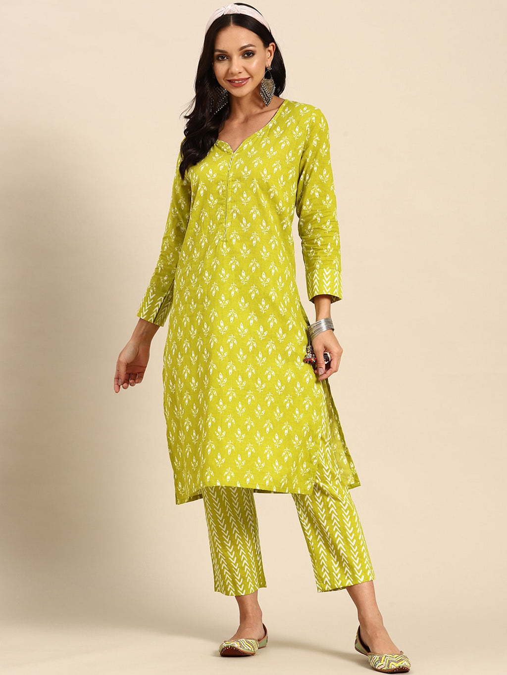 Sangria Green Ethnic Motifs Printed Pure Cotton V-Neck Straight Kurta With Trouser | Grocsy