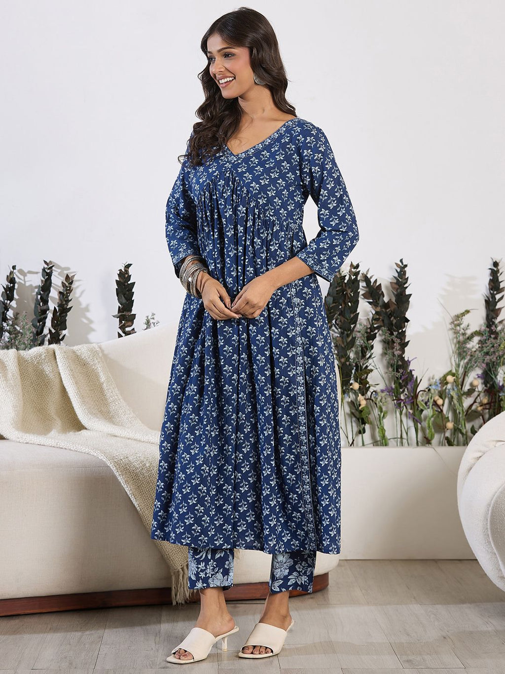 Indo Era V-Neck Floral Printed Empire Pure Cotton Kurta with Trouser | Grocsy