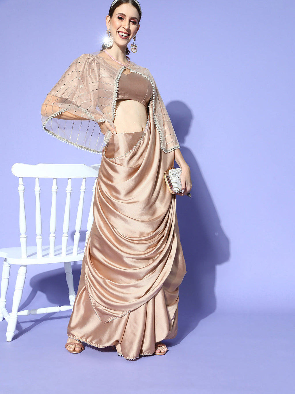 Tikhi Imli Satin Saree With Cape | Grocsy