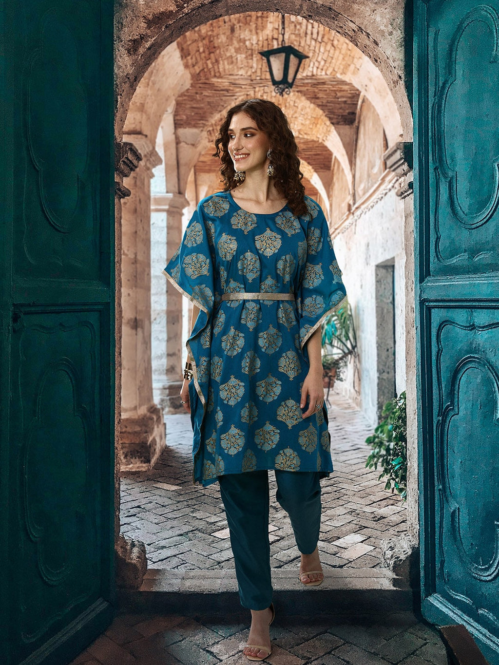 Sangria Ethnic Motifs Printed Gotta Patti Kurta with Trousers | Grocsy