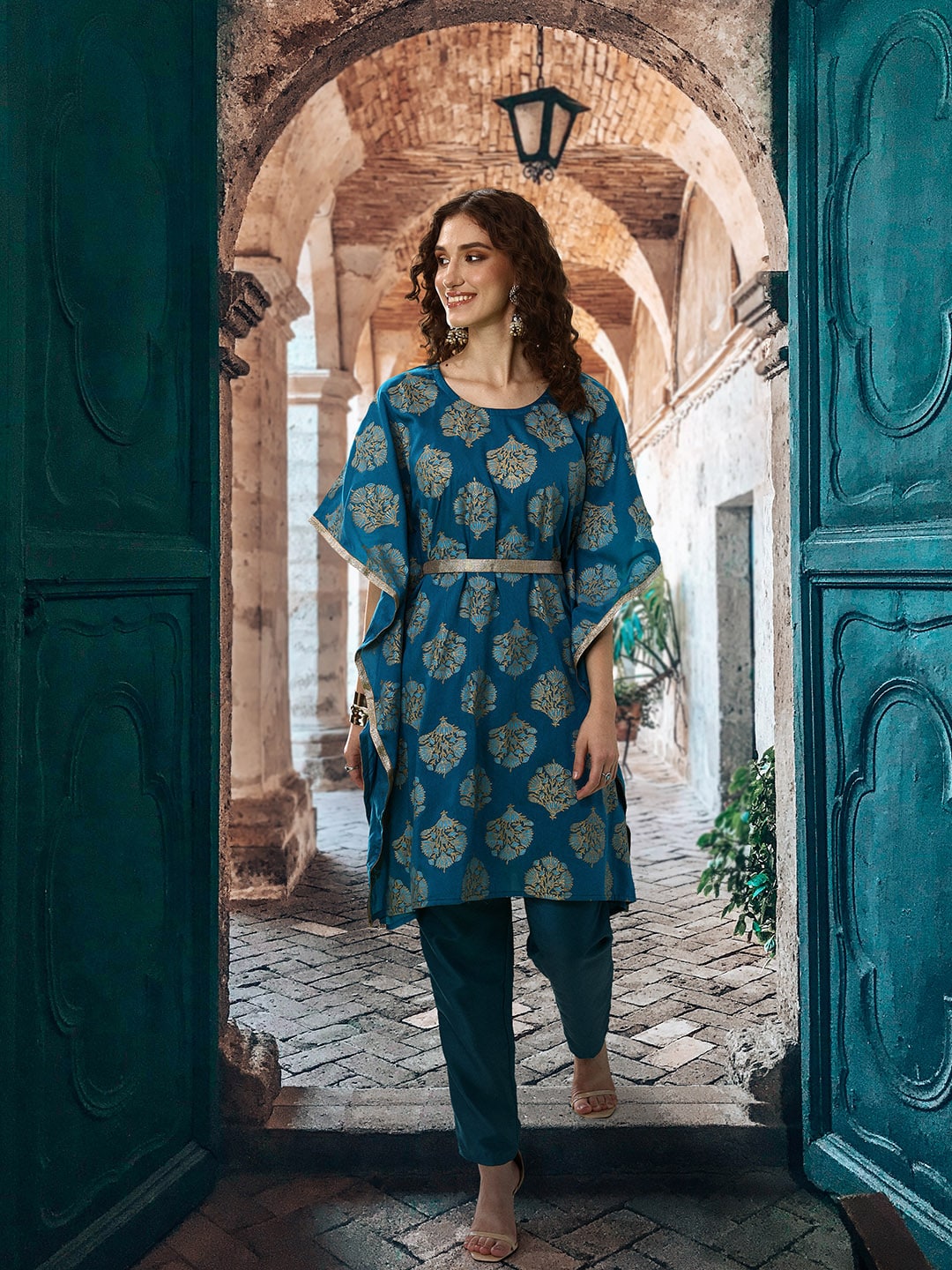 Sangria Ethnic Motifs Printed Gotta Patti Kurta with Trousers | Grocsy