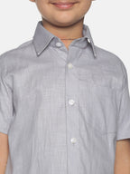 Sethukrishna Boys Grey & White Solid Shirt and Veshti Set | Grocsy