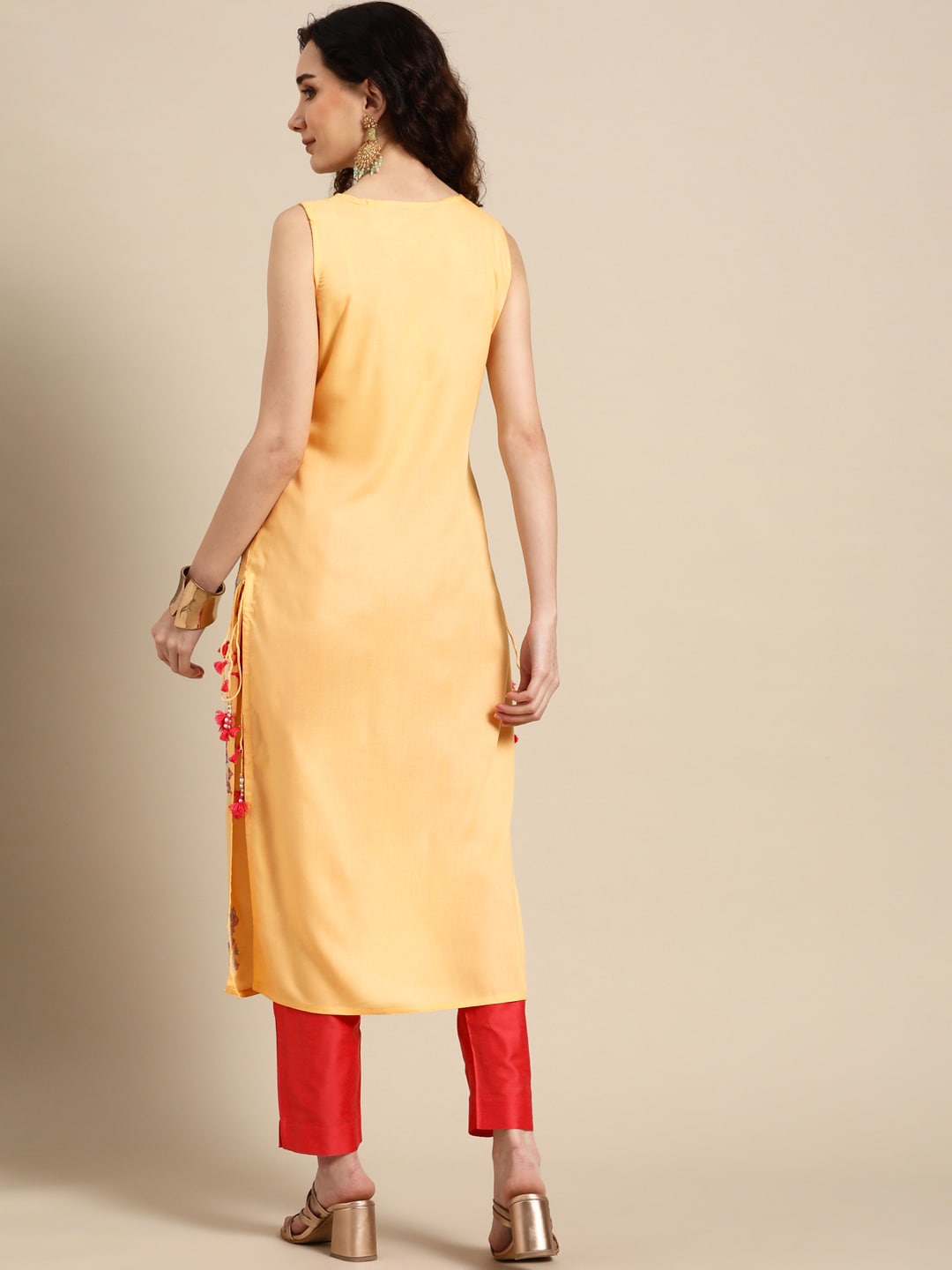 Sangria Women Yellow Floral Embroidered Sequinned Kurta with Trousers | Grocsy