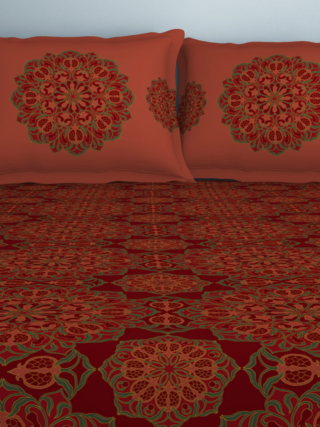 SPACES Aurum Red Ethnic Motifs Pure Cotton 140 TC Queen Bedsheet with 2 Pillow Covers | Grocsy