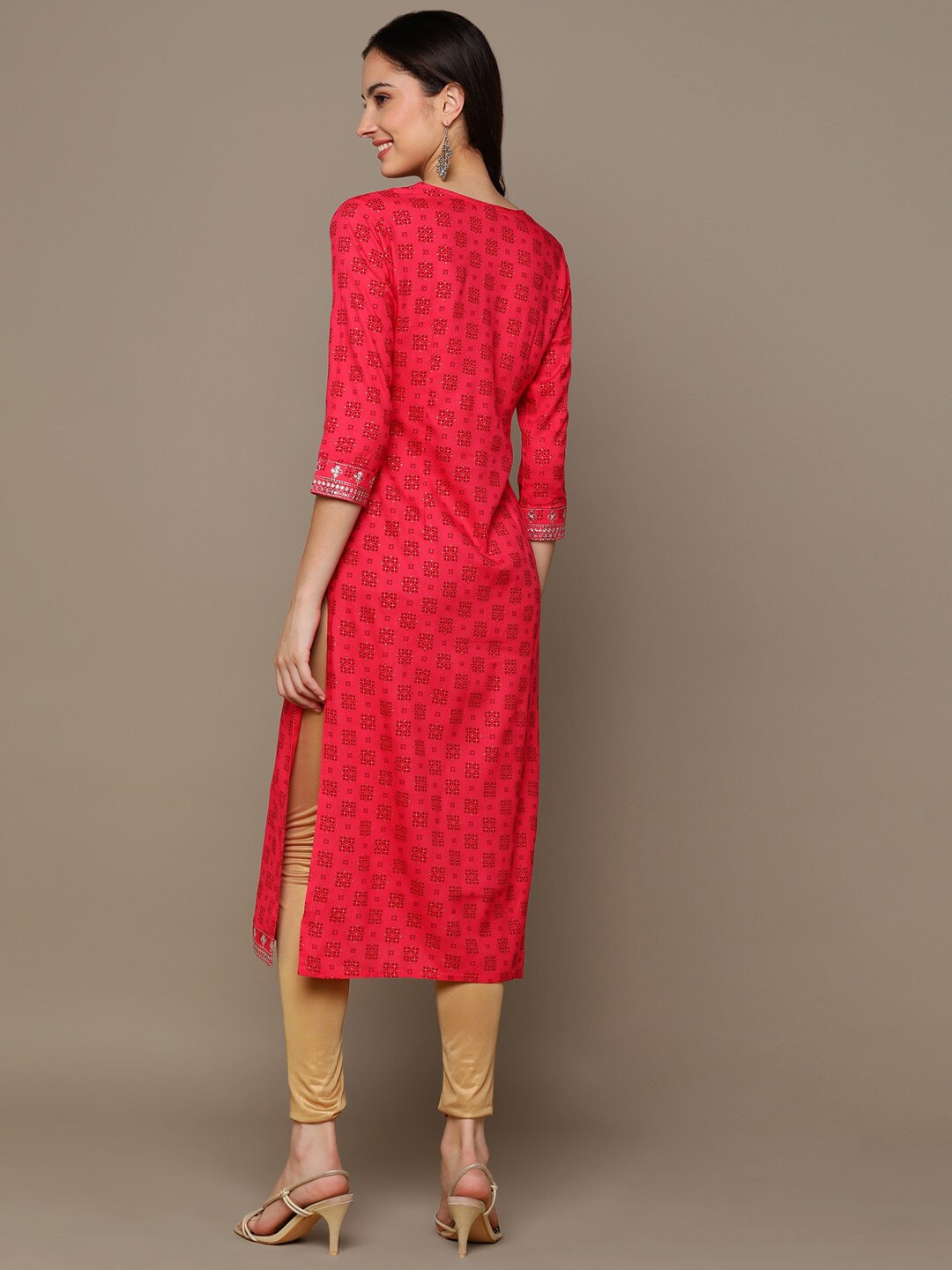 HERE&NOW Ethnic Motifs Printed Sequined Embroidered Straight Kurta | Grocsy