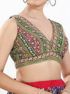 Joban Fashion Green Multi Georgette Padded Blouse With V Neck Sleeveless | Grocsy
