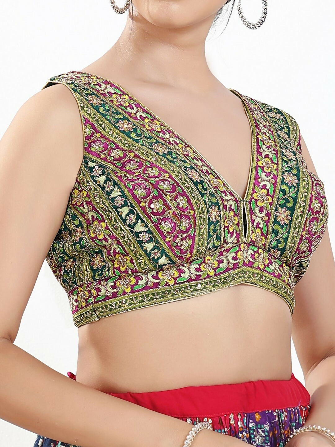 Joban Fashion Green Multi Georgette Padded Blouse With V Neck Sleeveless | Grocsy
