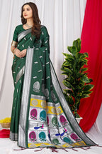 Jyoti Fashion Women's Bottle Green Paithani Silk Zari Woven Saree with Blouse | Grocsy