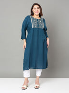 Sztori Plus Size Floral Yoke Design Mirror Work Straight Kurta | Grocsy