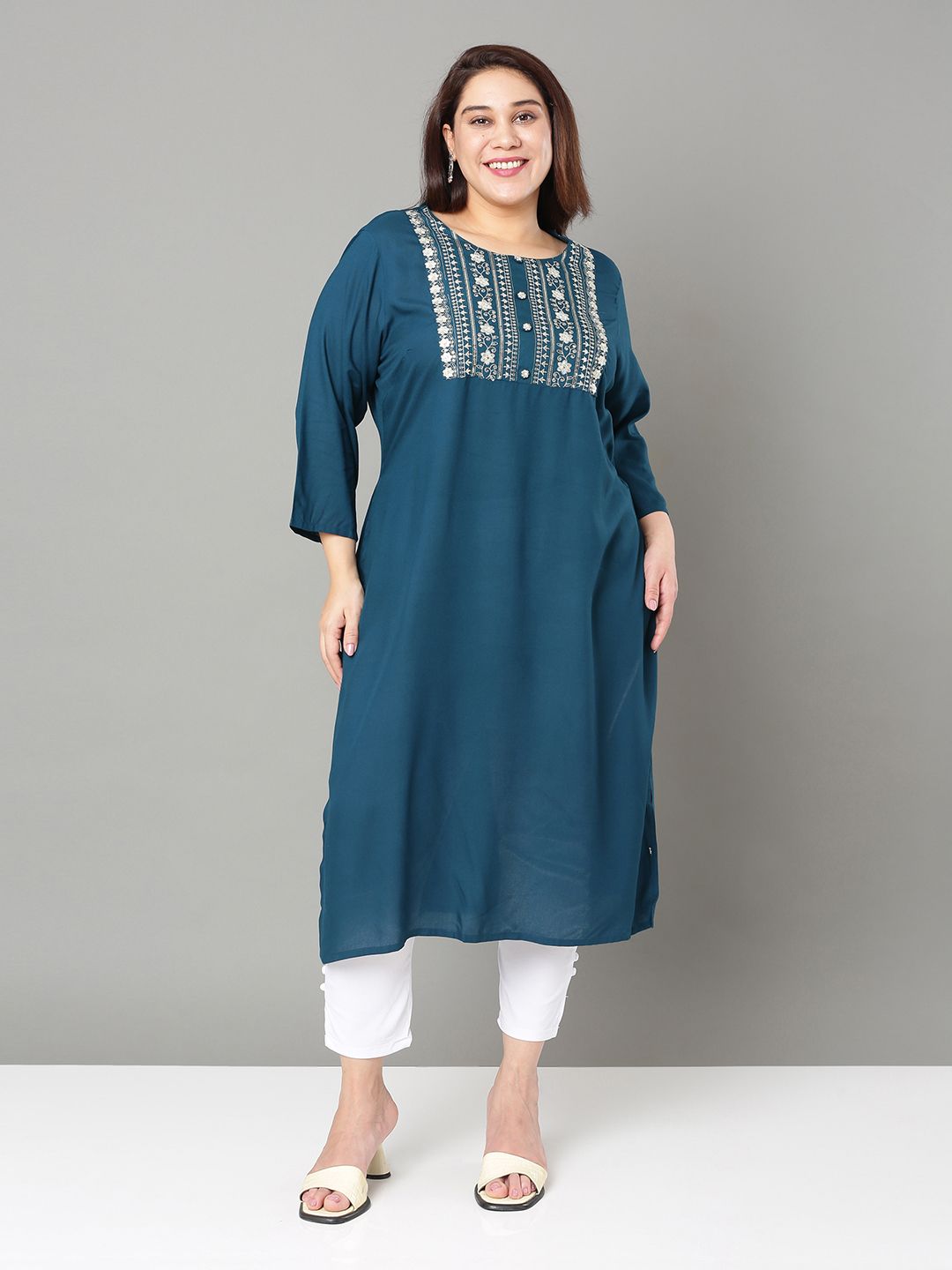 Sztori Plus Size Floral Yoke Design Mirror Work Straight Kurta | Grocsy