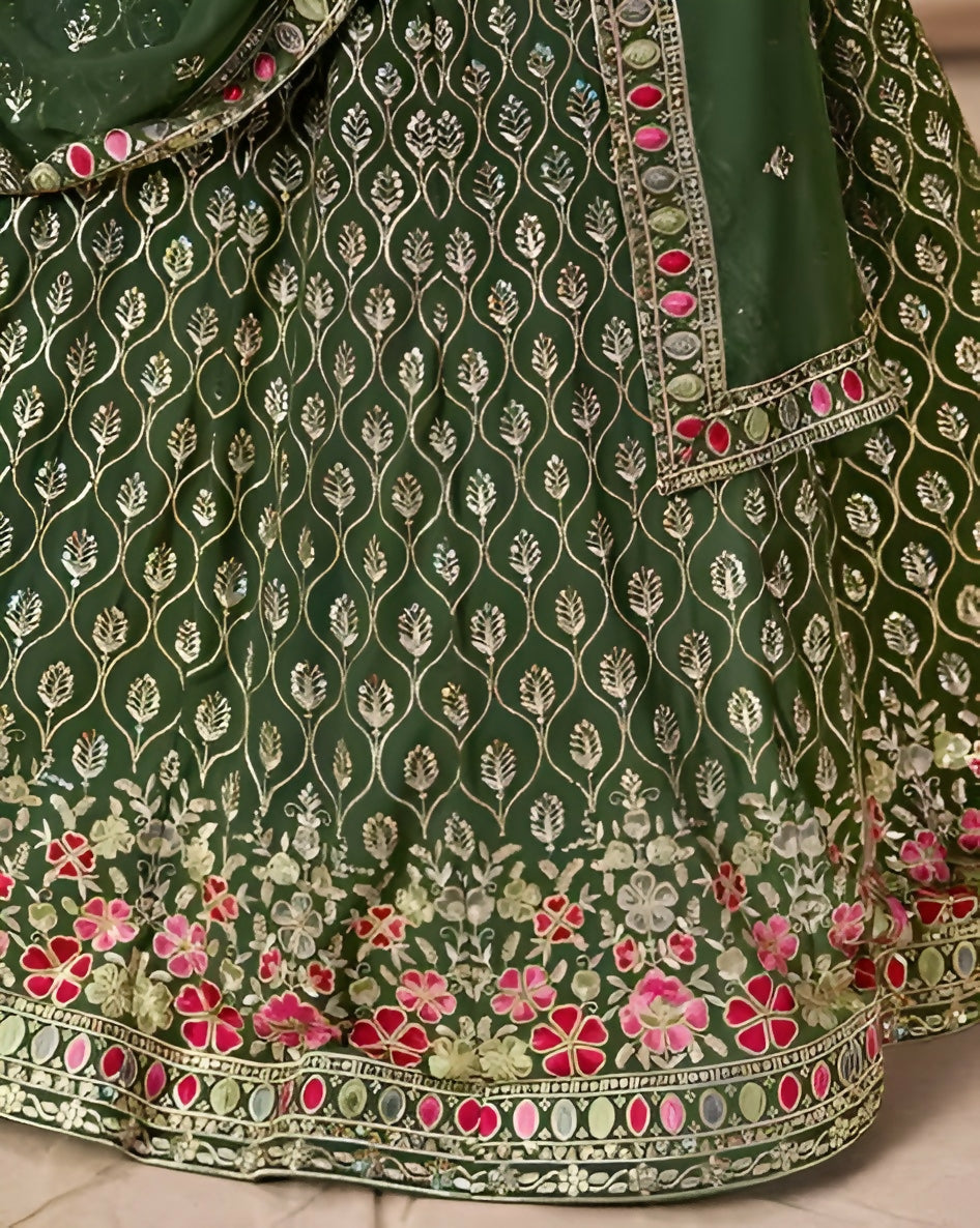 Women’s Semi-Stitched Green Georgette Zari Sequence Thread Embroidery Work Lehenga Choli With Georgette Dupatta-Jihu Culture | Grocsy