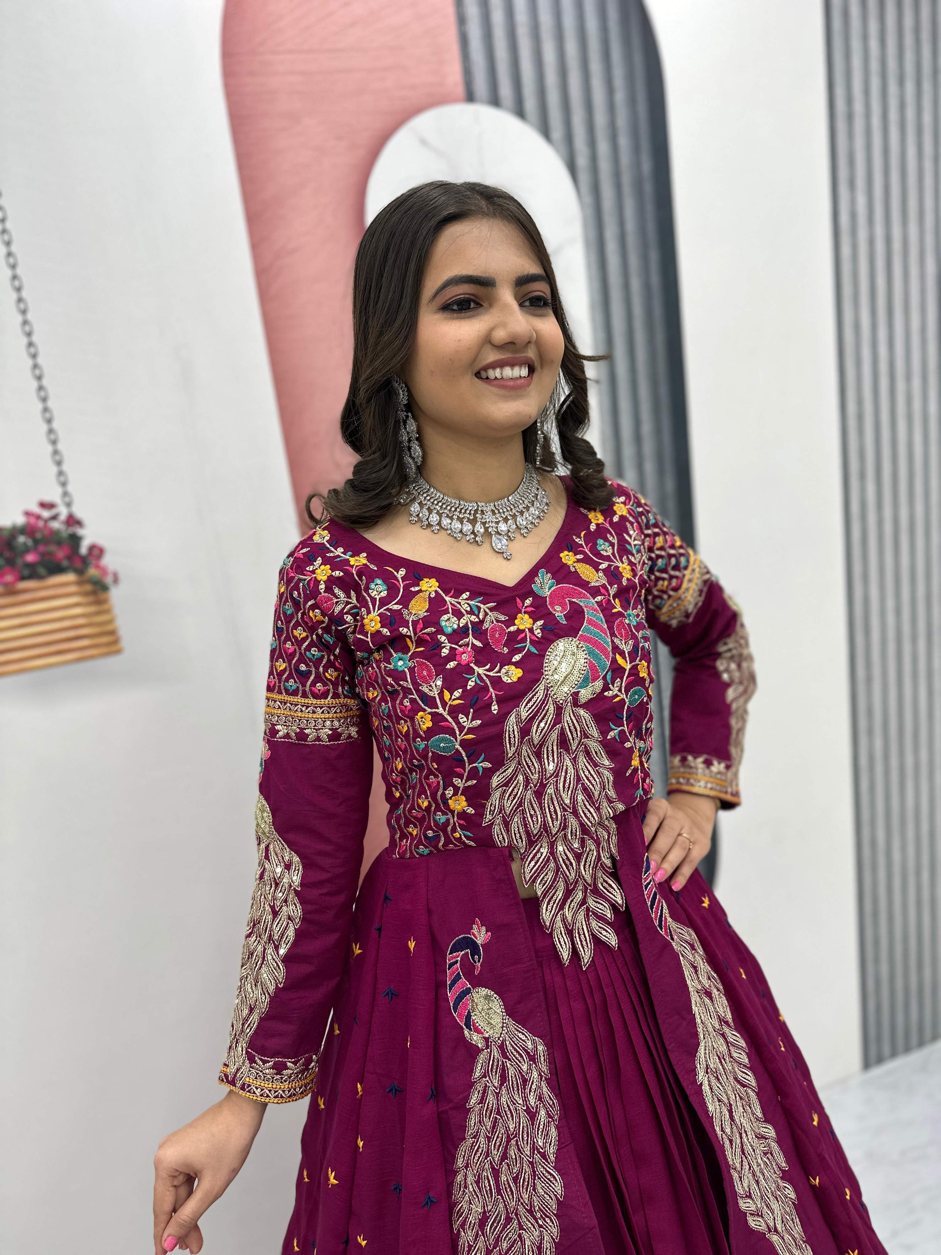 Yash Enterprise Pink Vichitra Silk Party Wear Embroidery Crop Top With Blouse Lehenga Choli | Grocsy