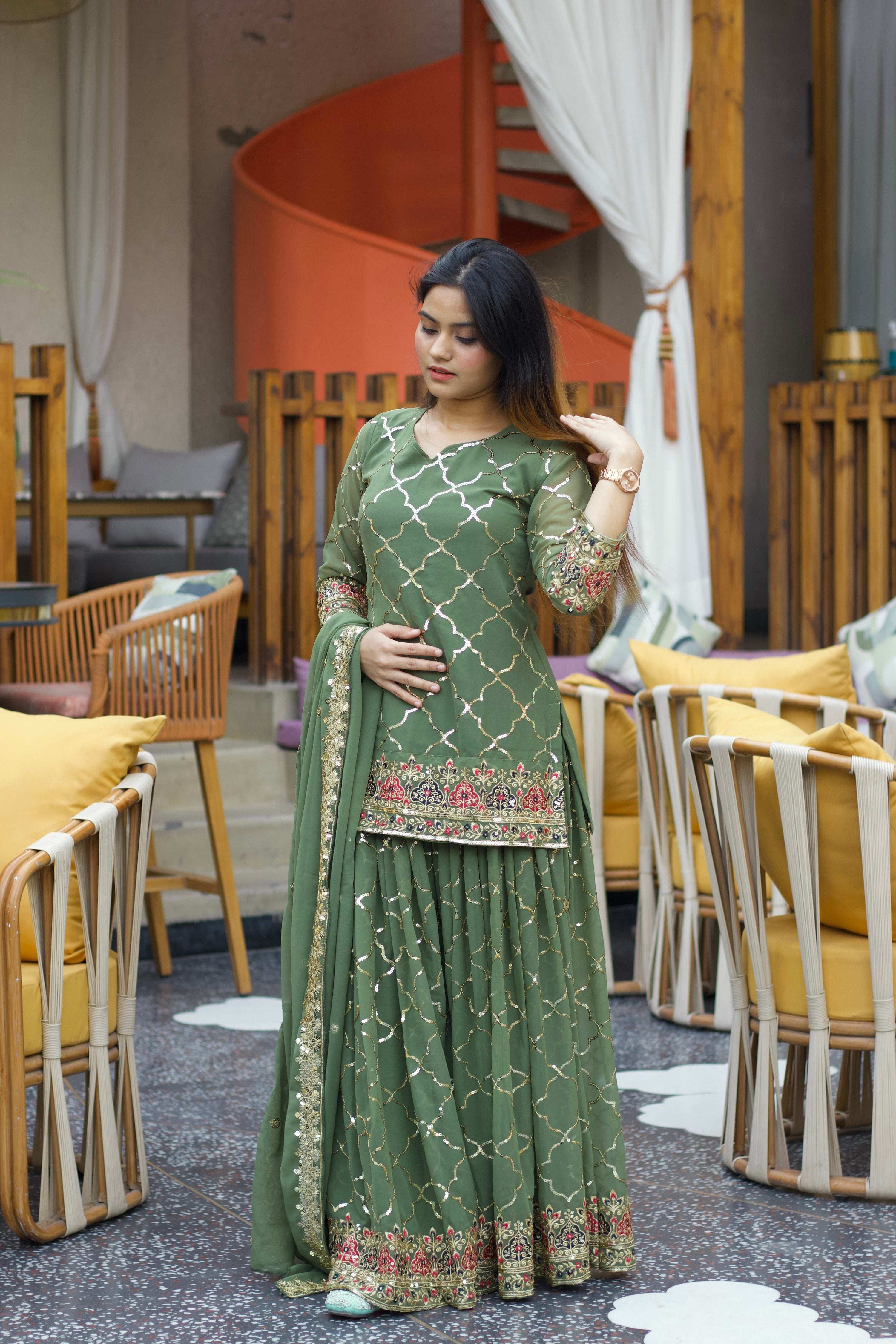 Yash Enterprise Green Georgette Embroidery Party Wear Suit Set | Grocsy