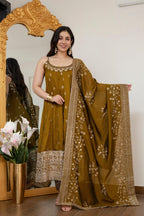 Yash Enterprise Mehndi Vichitra Silk Party Wear Embroidery Suit Set | Grocsy