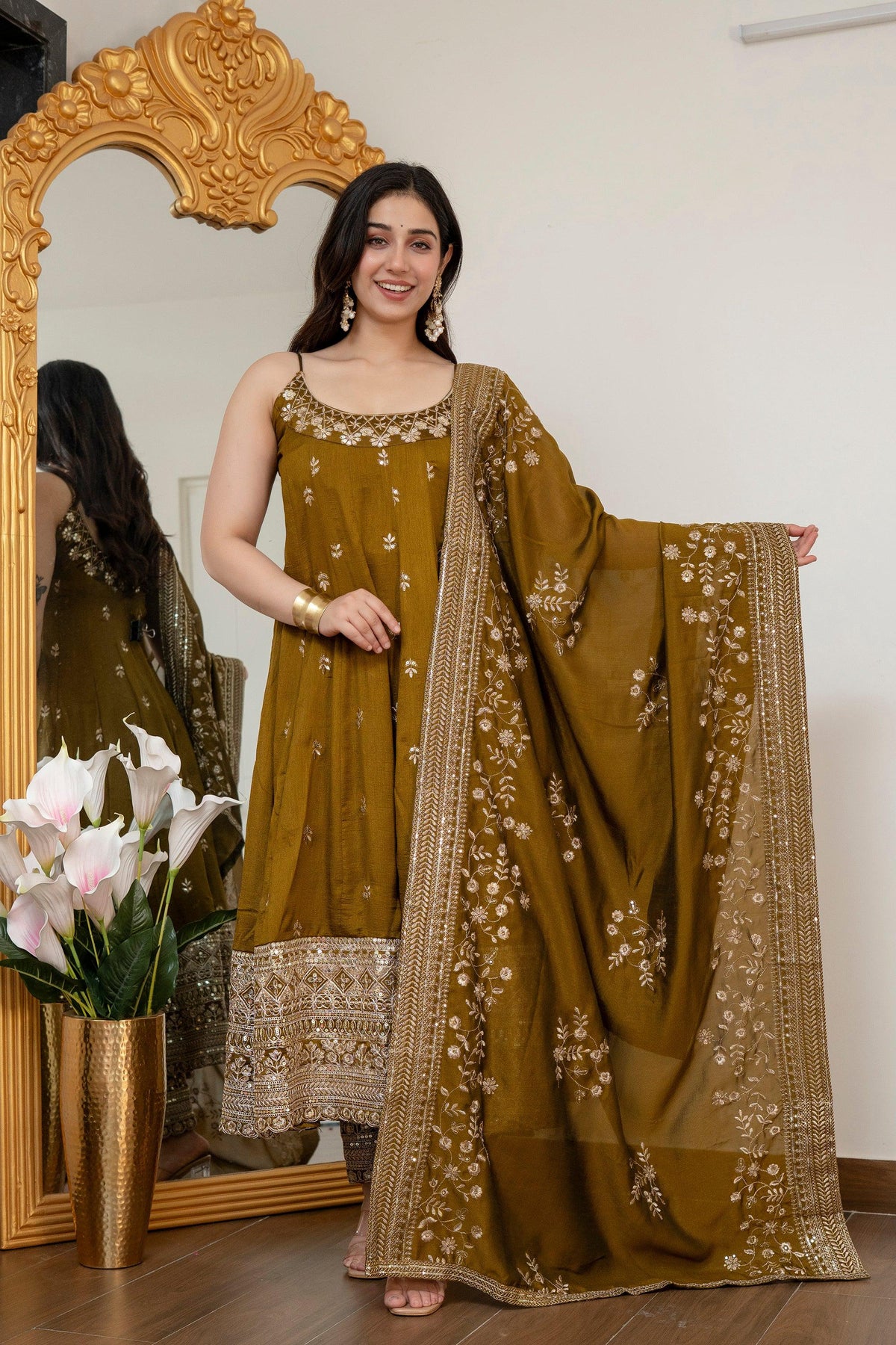 Yash Enterprise Mehndi Vichitra Silk Party Wear Embroidery Suit Set | Grocsy