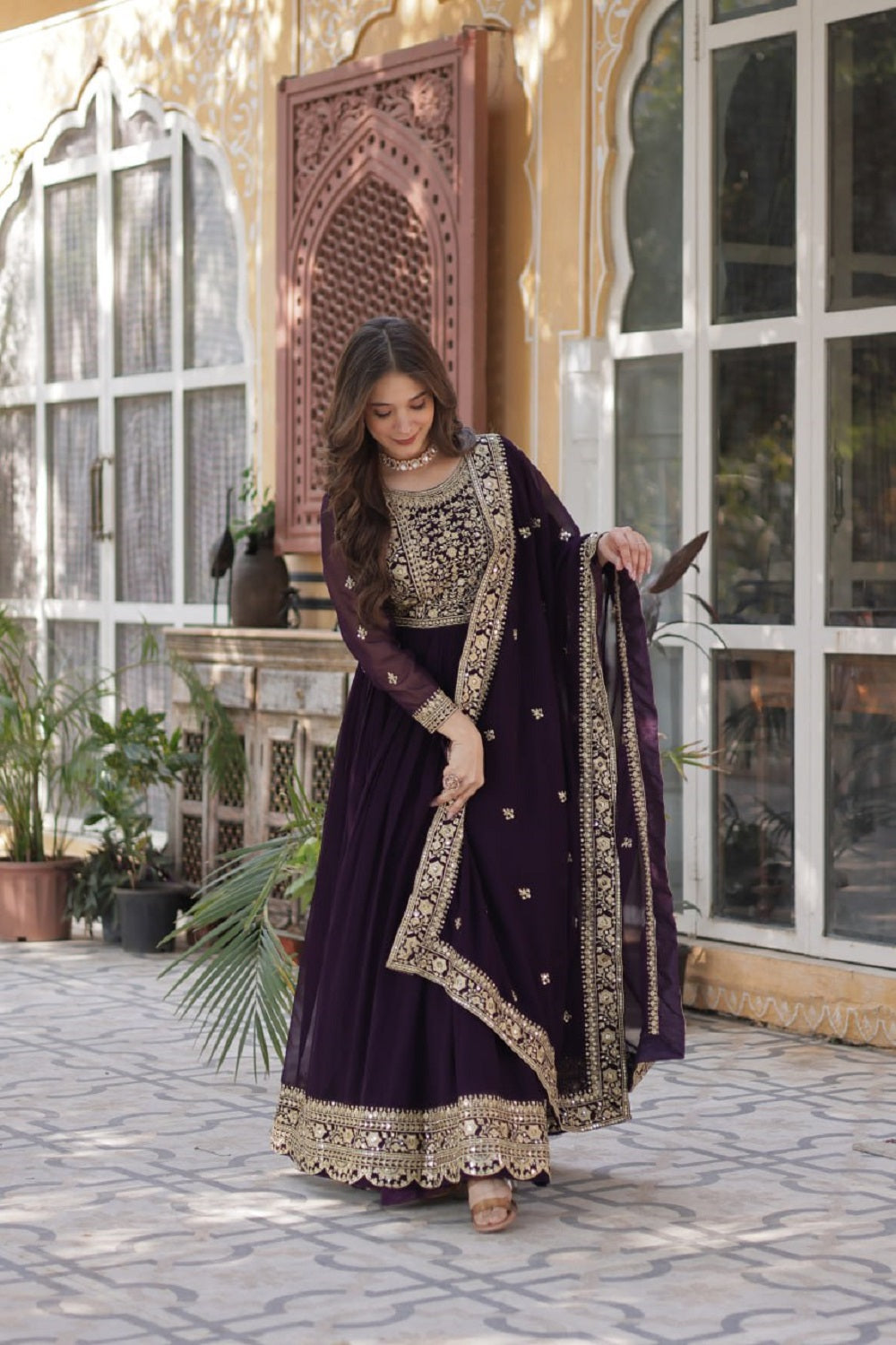 Yash Enterprise Wine Georgette Party Wear Embroidery Suit Set | Grocsy