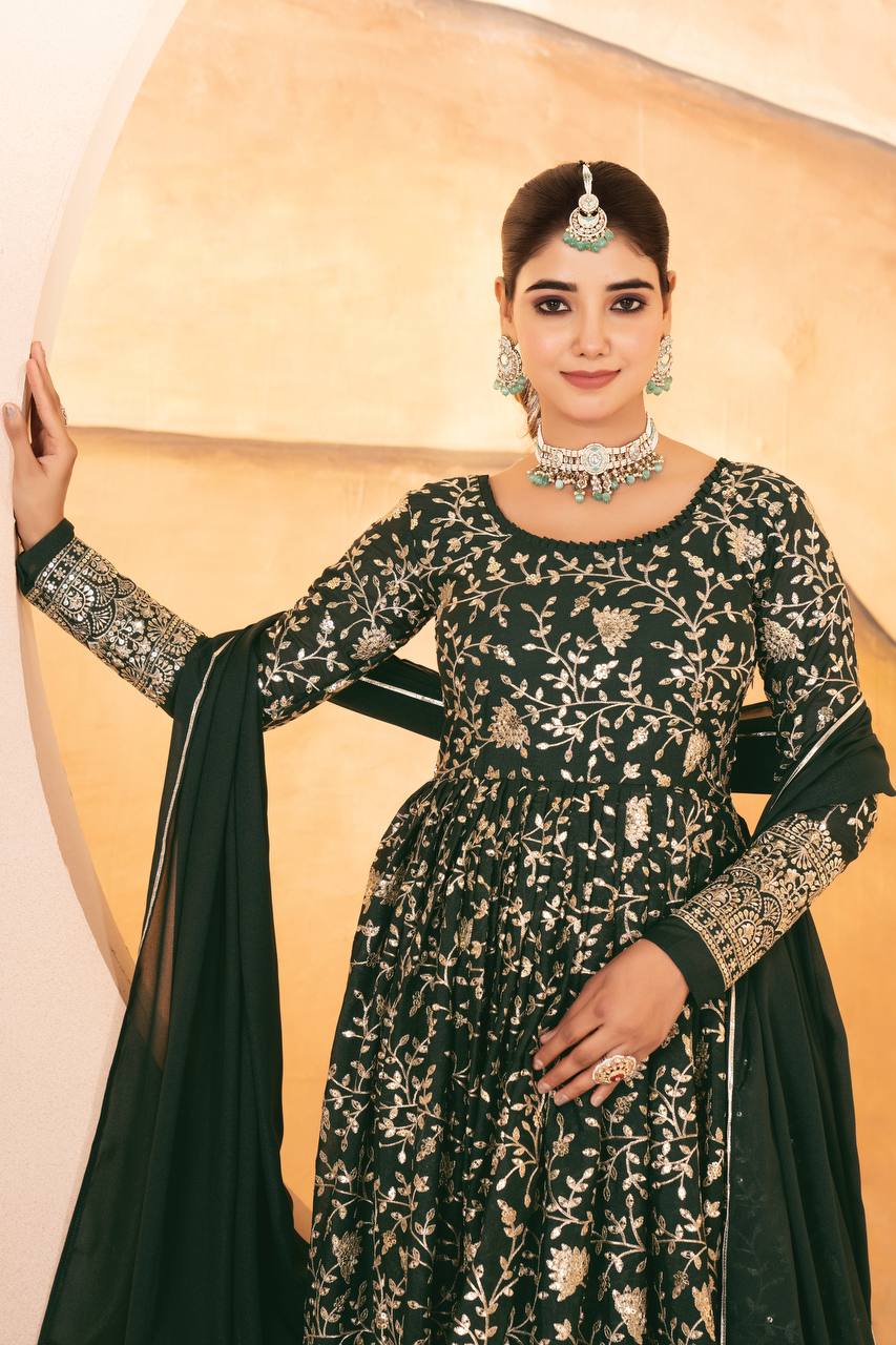 Yash Enterprise Dark Green Star Georgette Embroidered Suit Set | Grocsy