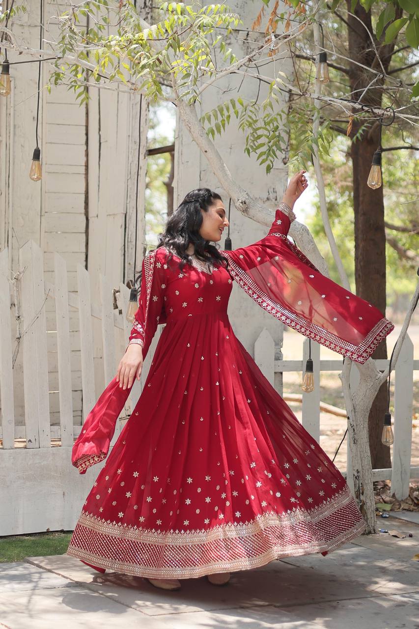 Yash Enterprise Maroon Faux Blooming With Sequins Embroidered Multi-Sequins Work Suit Set | Grocsy
