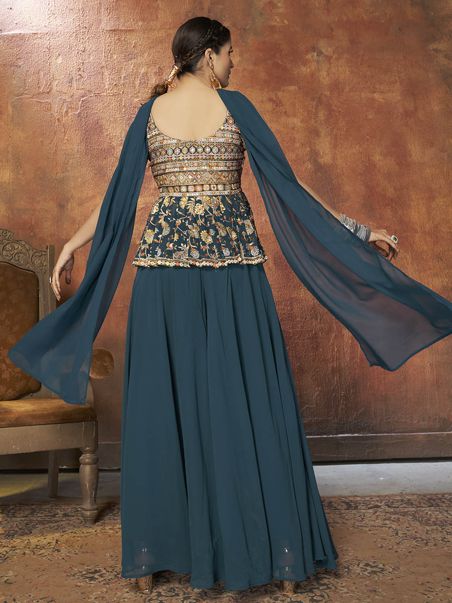 Myra Aequa Blue Georgette Embroidered Designer Suit | Grocsy