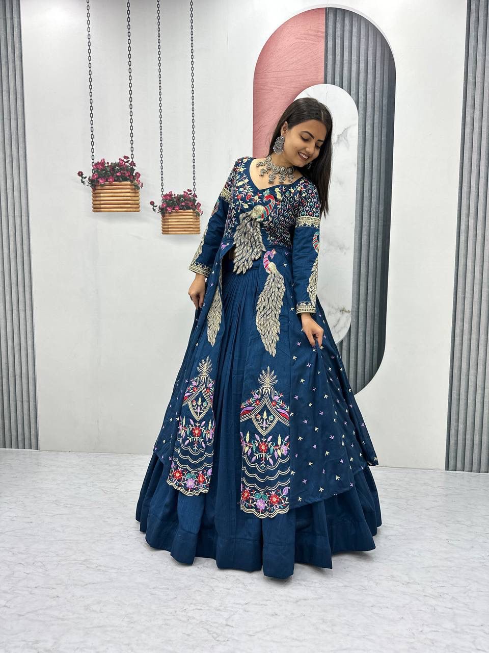 Yash Enterprise Rama Green Vichitra Silk Party Wear Embroidery Crop Top With Blouse Lehenga Choli | Grocsy