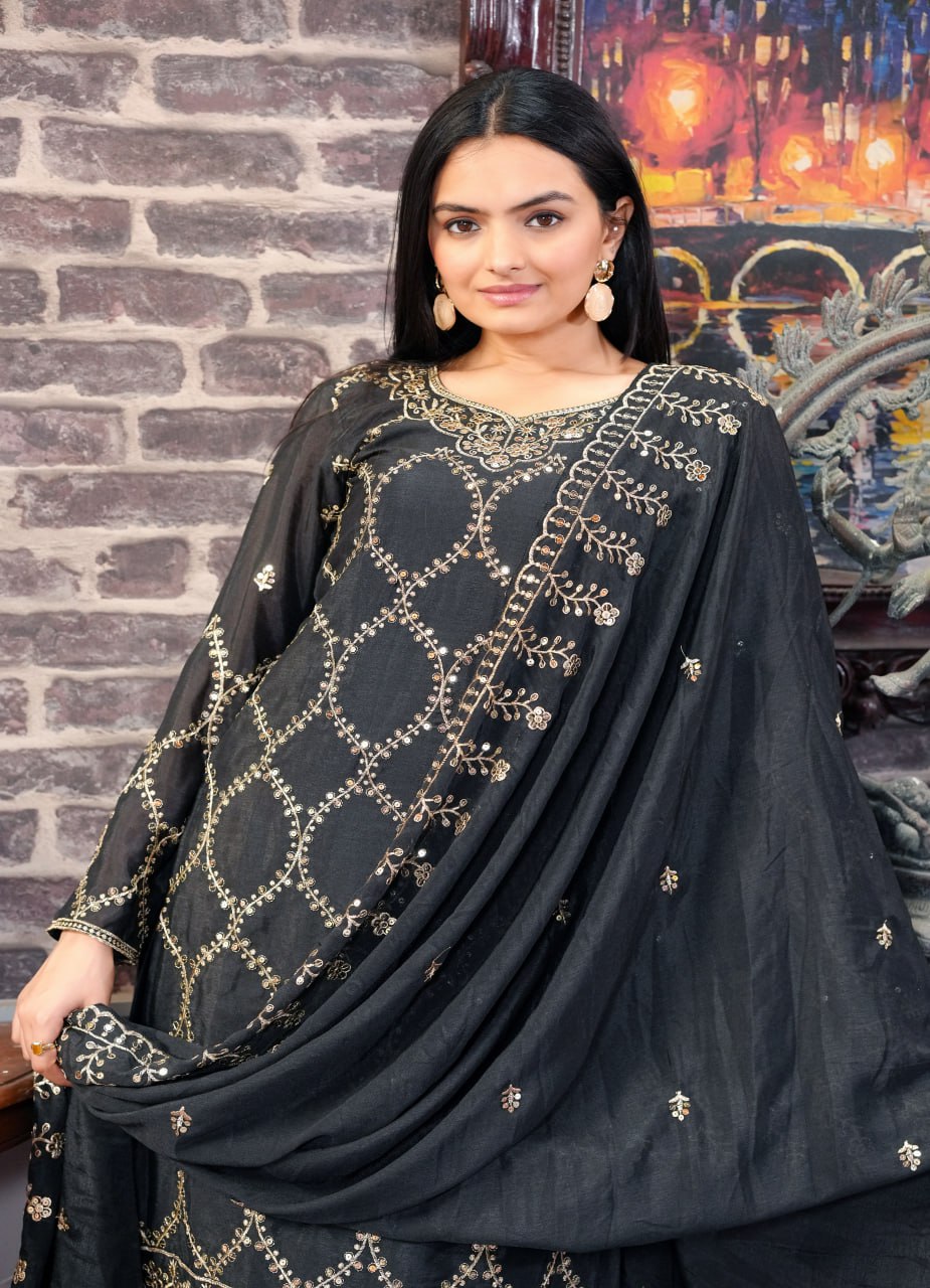 Yash Enterprise Black Chinon Silk Party Wear Embroidery Party Wear Suit Set | Grocsy