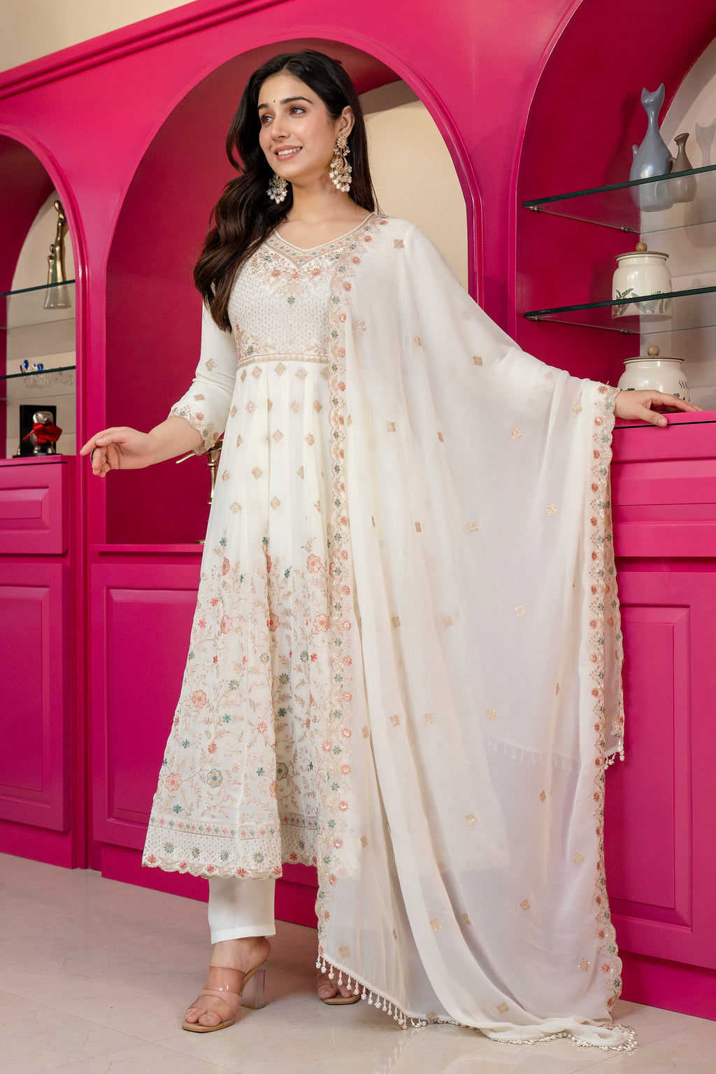 Yash Enterprise Off White Georgette Party Wear Anarkali Suit Set | Grocsy