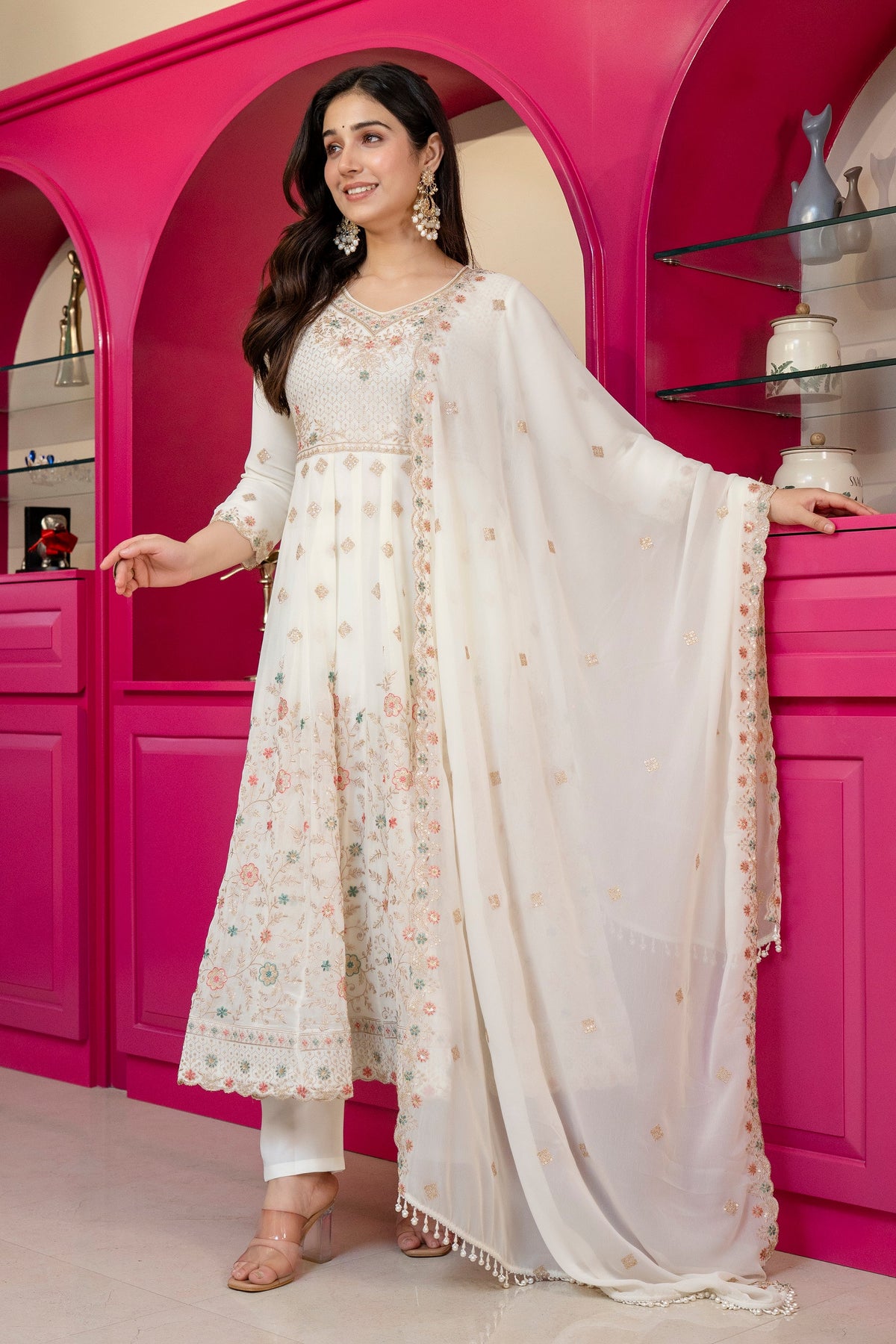 Yash Enterprise Off White Georgette Party Wear Anarkali Suit Set | Grocsy
