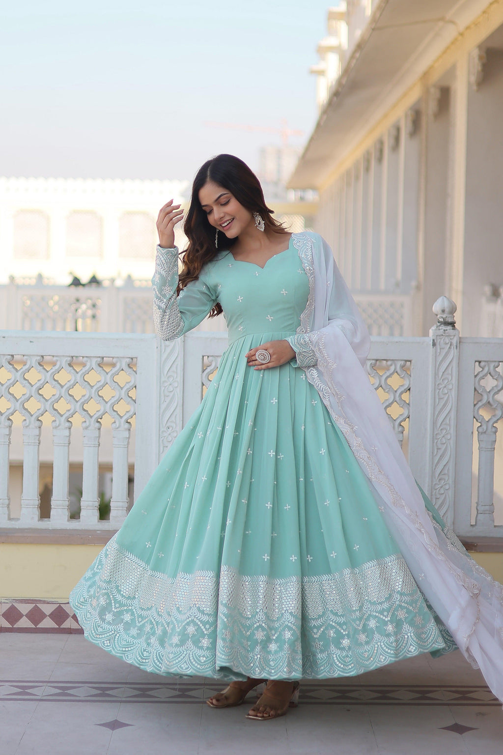 Yash Enterprise Green Pista Faux Georgette Party Wear Embroidery Suit Set | Grocsy