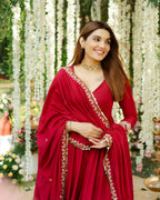 Yash Enterprise Red Roman Silk Embroidery Suit Set | Grocsy